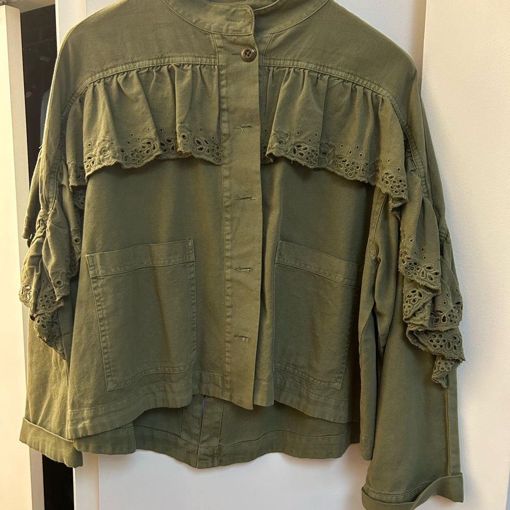 THE GREAT. Utility Jacket in Olive with Ruffle Accents